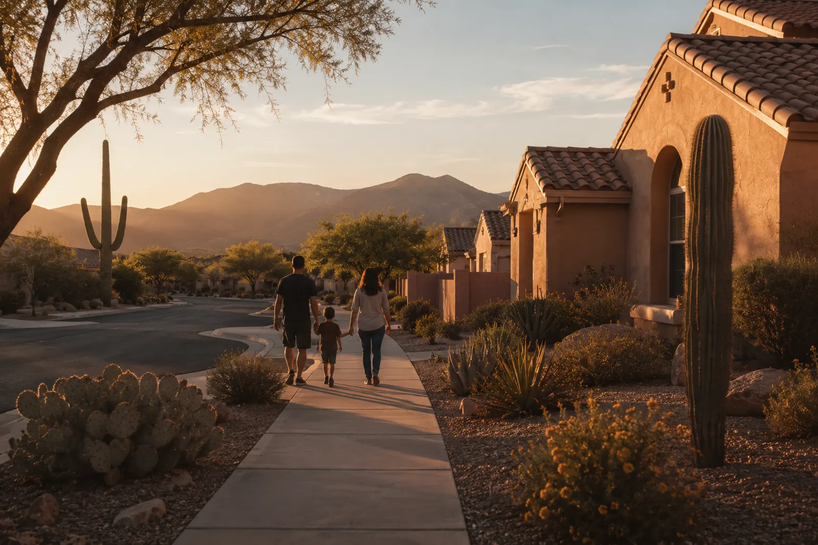 A family walking at sunset through a desert neighborhood in Anthem
