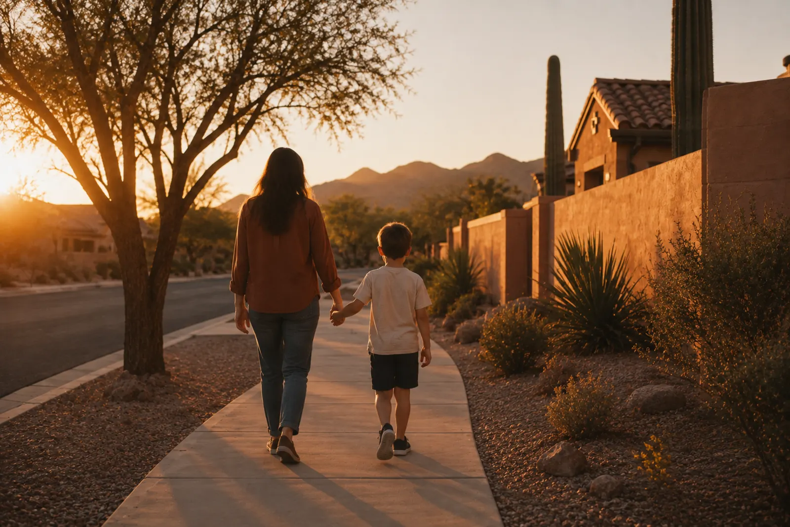 A parent and child walking hand in hand along a desert sidewalk at golden hour