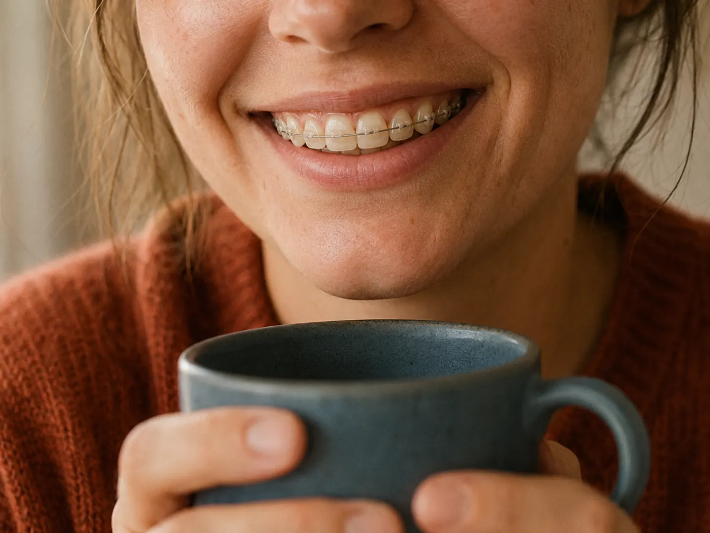 An adult smiling with clear ceramic braces while holding a blue coffee mug