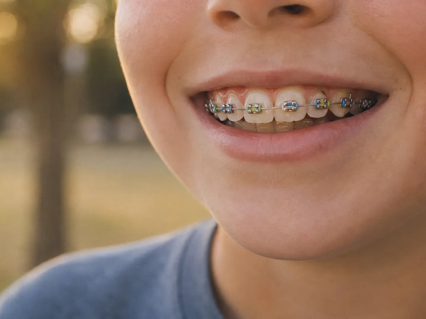 A smiling child with metal braces and colorful elastic bands, outdoors at golden hour
