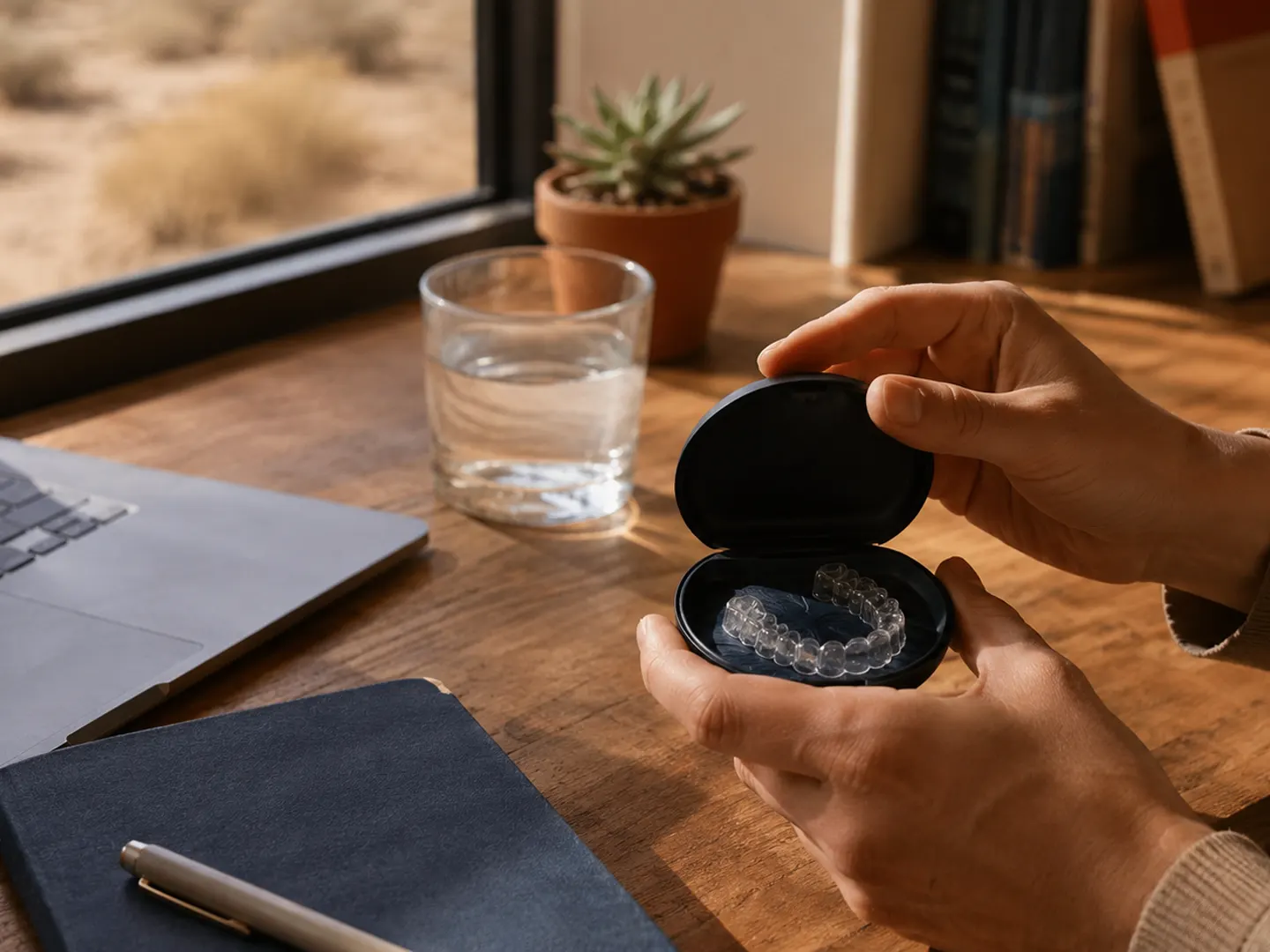 A clear aligner resting in its open case on a home desk