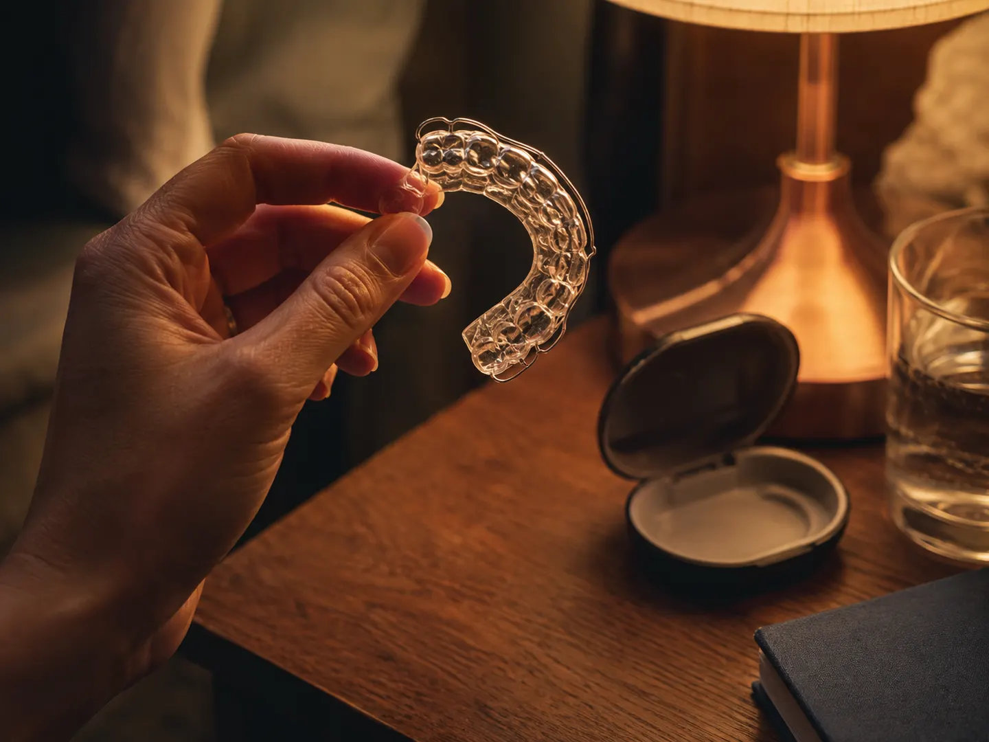 A hand holding a clear retainer up to warm lamplight beside its open case